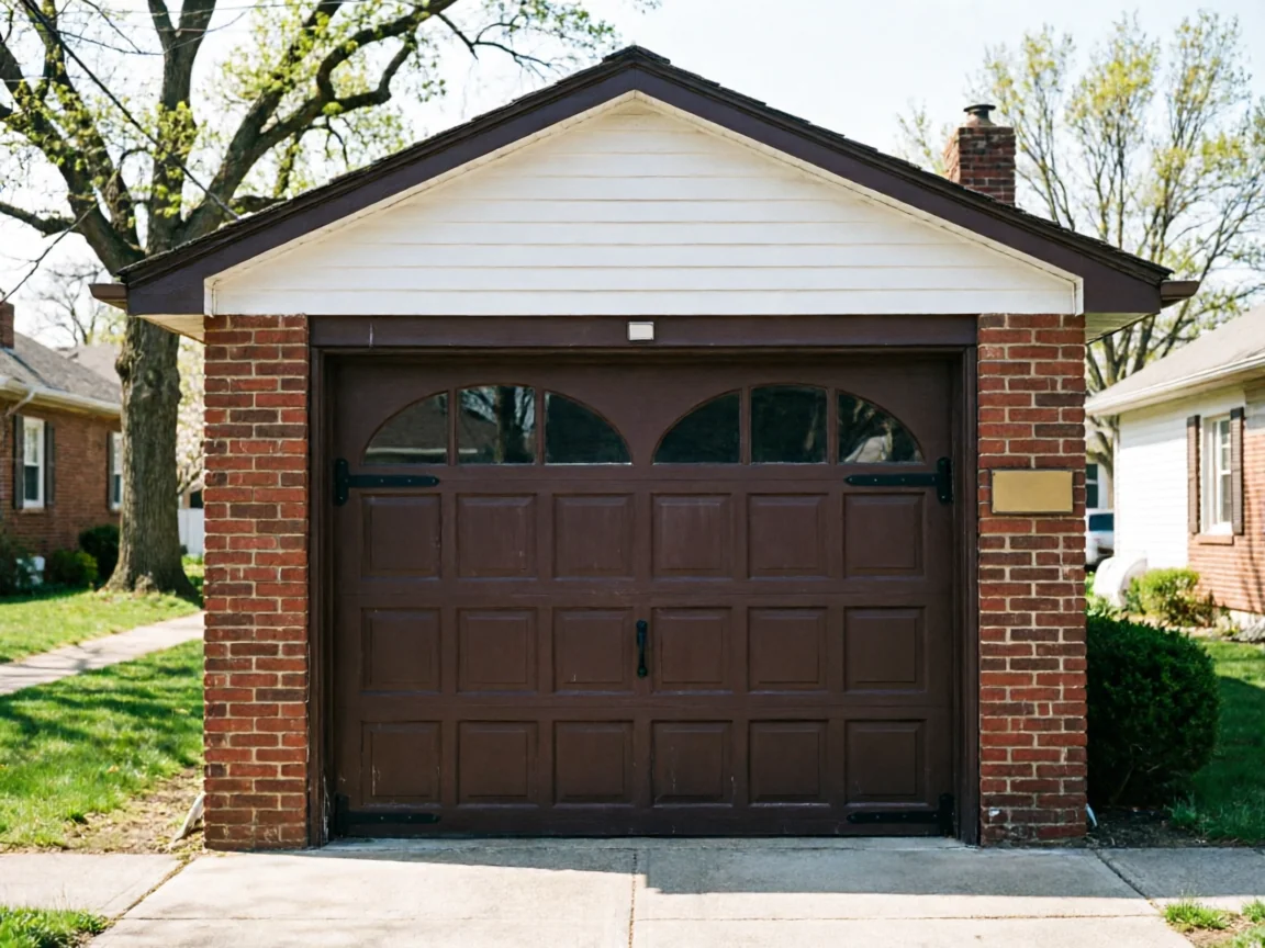 A brown garage door with arched windows is set in a brick garage.