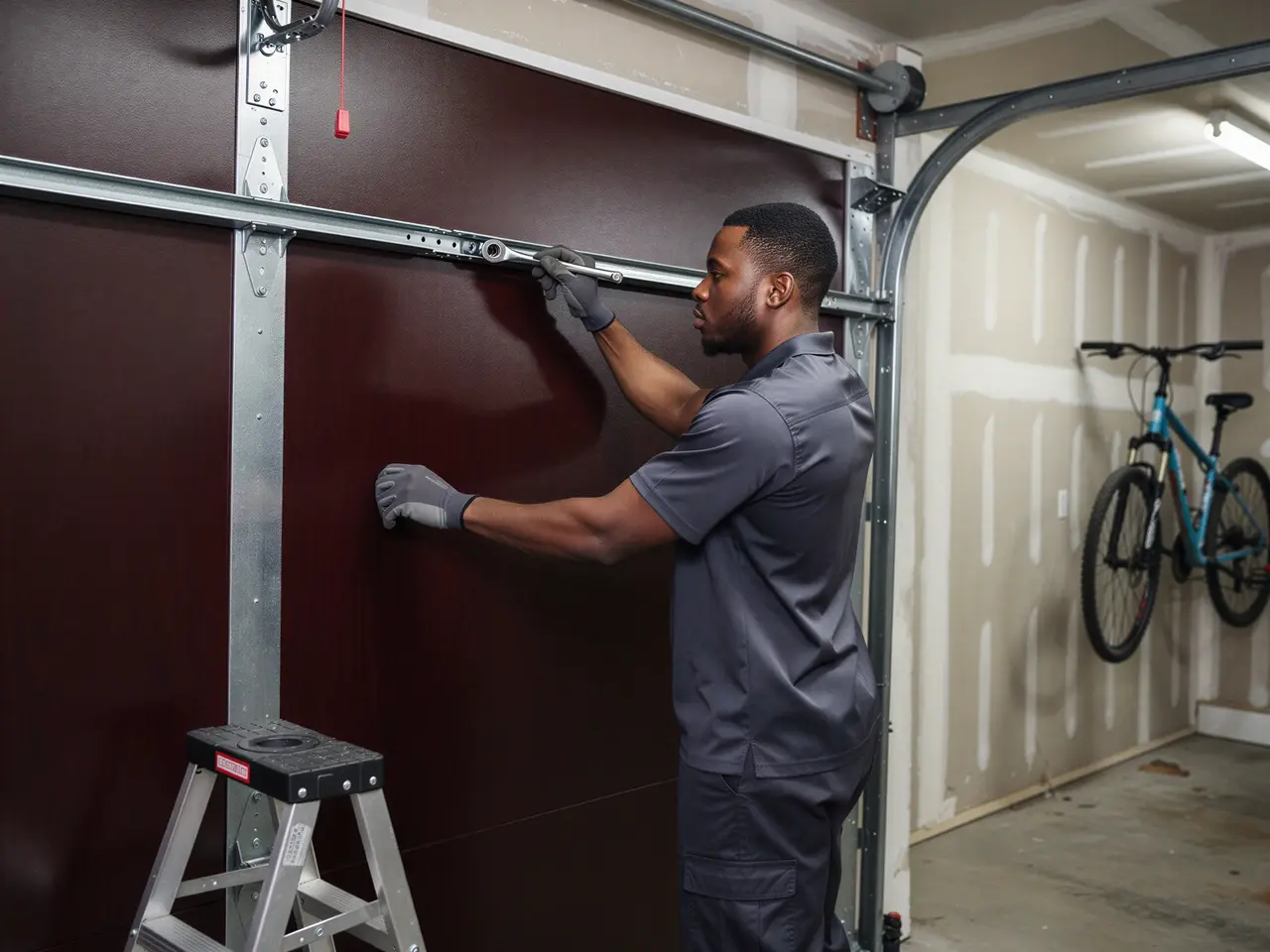 A technician on a step stool adjusts a dark brown garage door.
