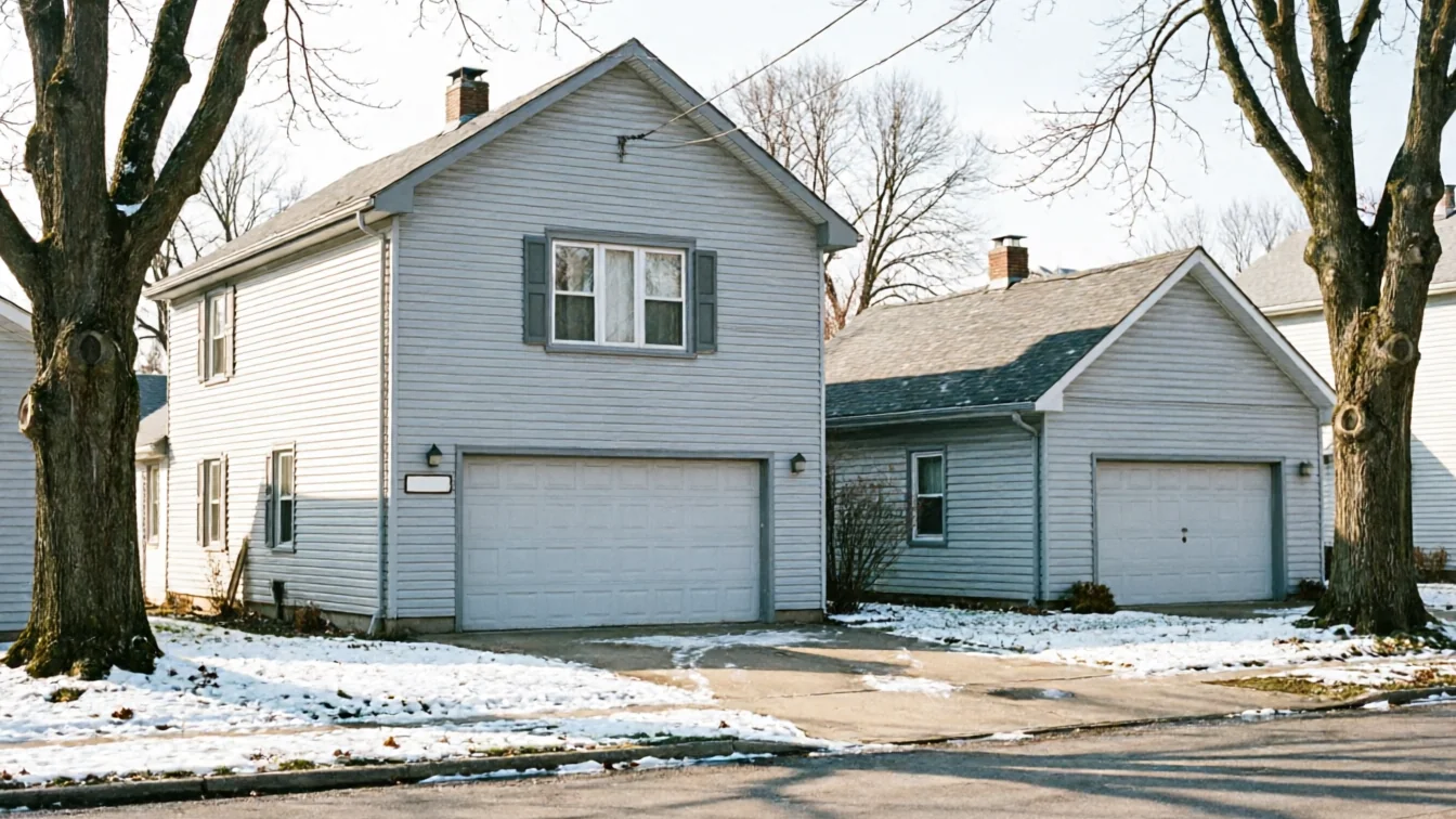 Two light blue houses with white garage doors and snow on the ground.