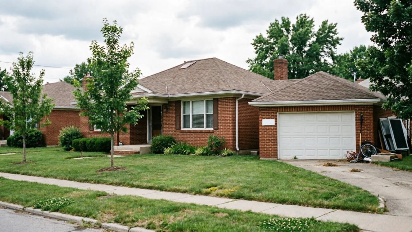 A brick house with a white garage door and a brown roof sits under a cloudy sky.