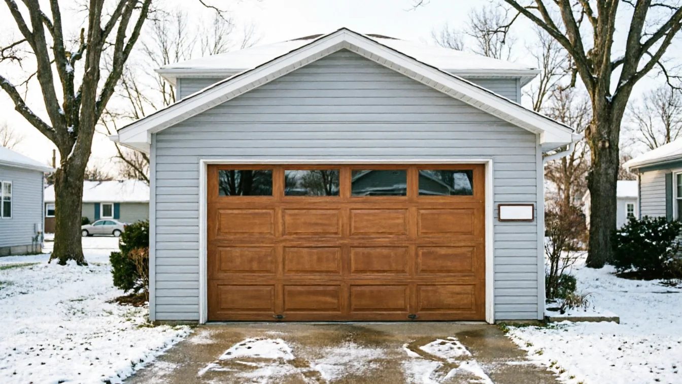 A light blue house with a brown garage door stands in a snowy landscape.