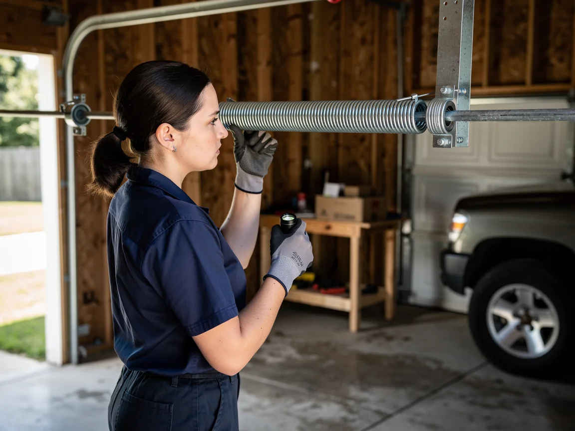 A technician inspects a garage door torsion spring with a flashlight.