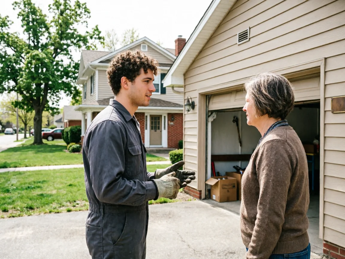 A technician in a gray jumpsuit talks to a woman in front of a garage.