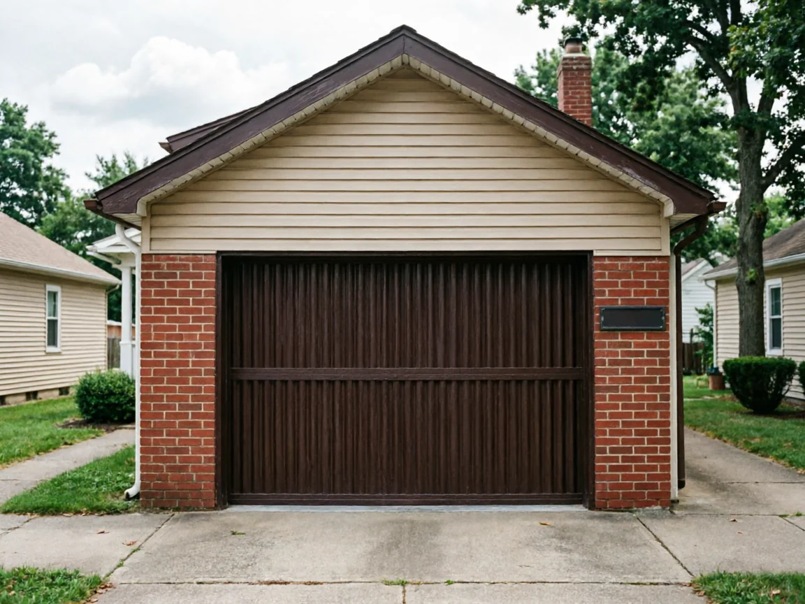 A brown garage door is on a brick and tan siding garage.