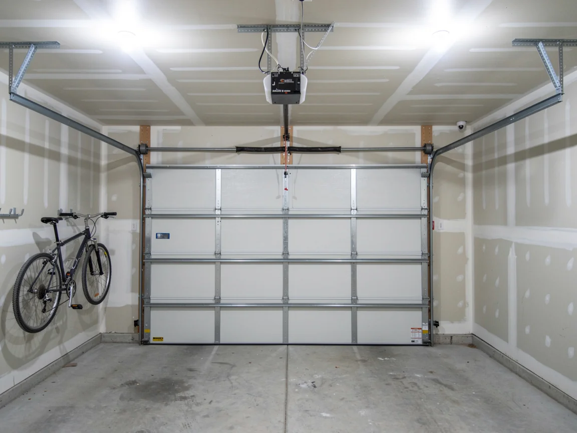 A white garage door is closed in a garage with a bicycle hanging on the wall.