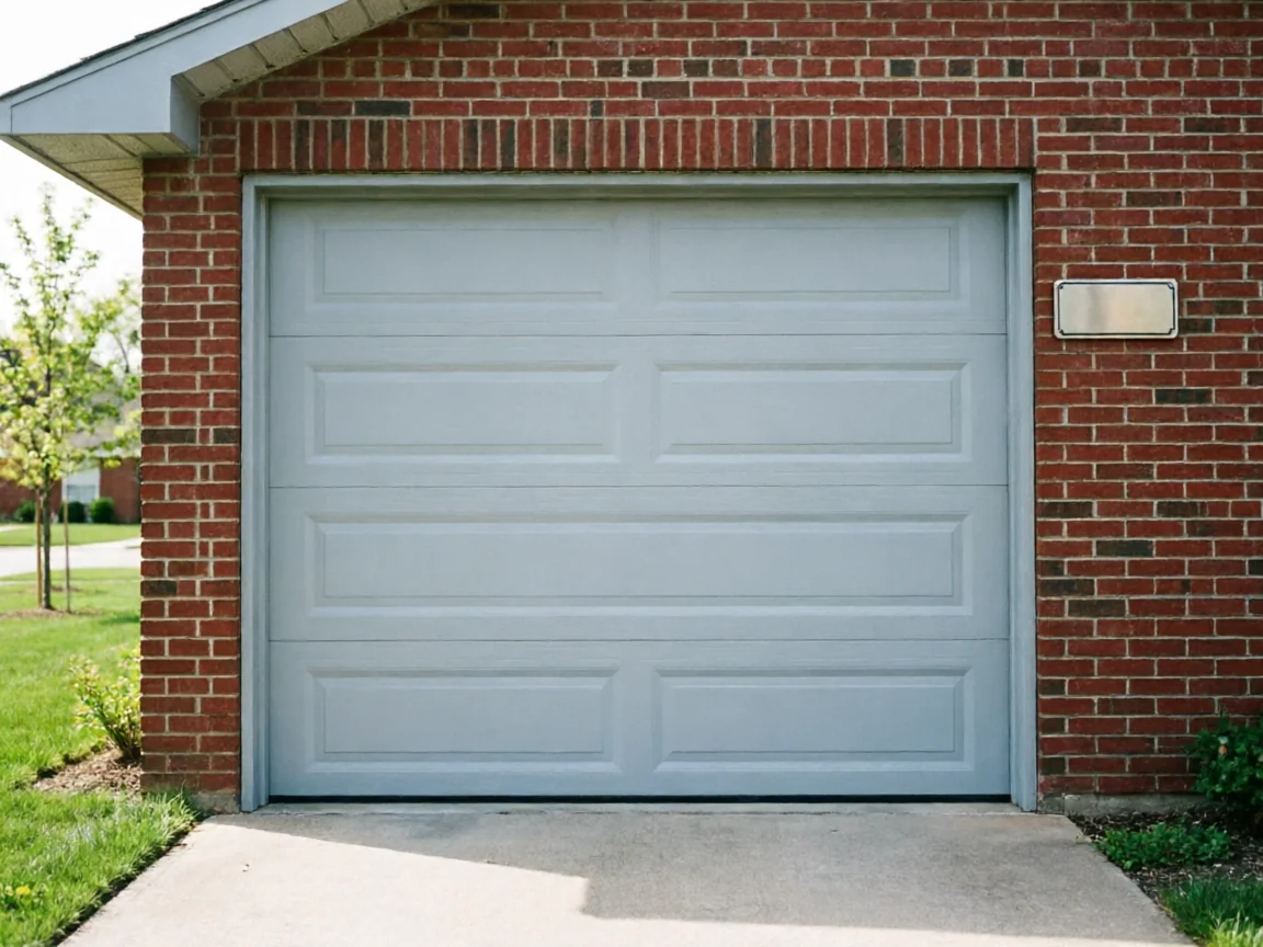 A light gray garage door is set into a red brick house.